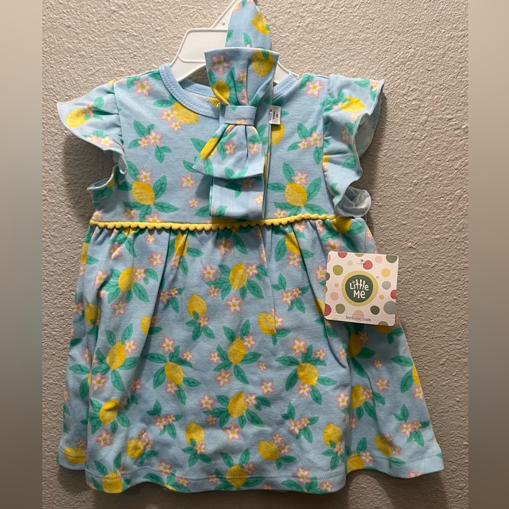 Baby Girl’s 9M Little Me Blue Lemon Floral Dress w/ matching bow NWT